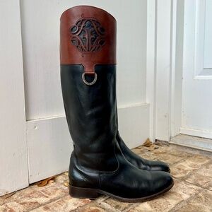 FRYE Melissa Tall Riding Boots Black Brown Leather Equestrian Women's US 9.5